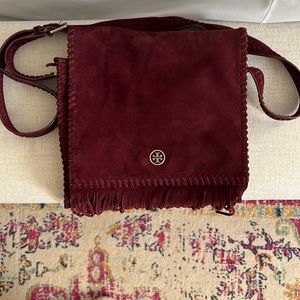 Tory Burch suede maroon messenger tassel bag